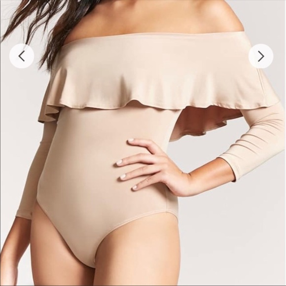 Long-sleeve Tan off shoulder bodysuit - Picture 2 of 3